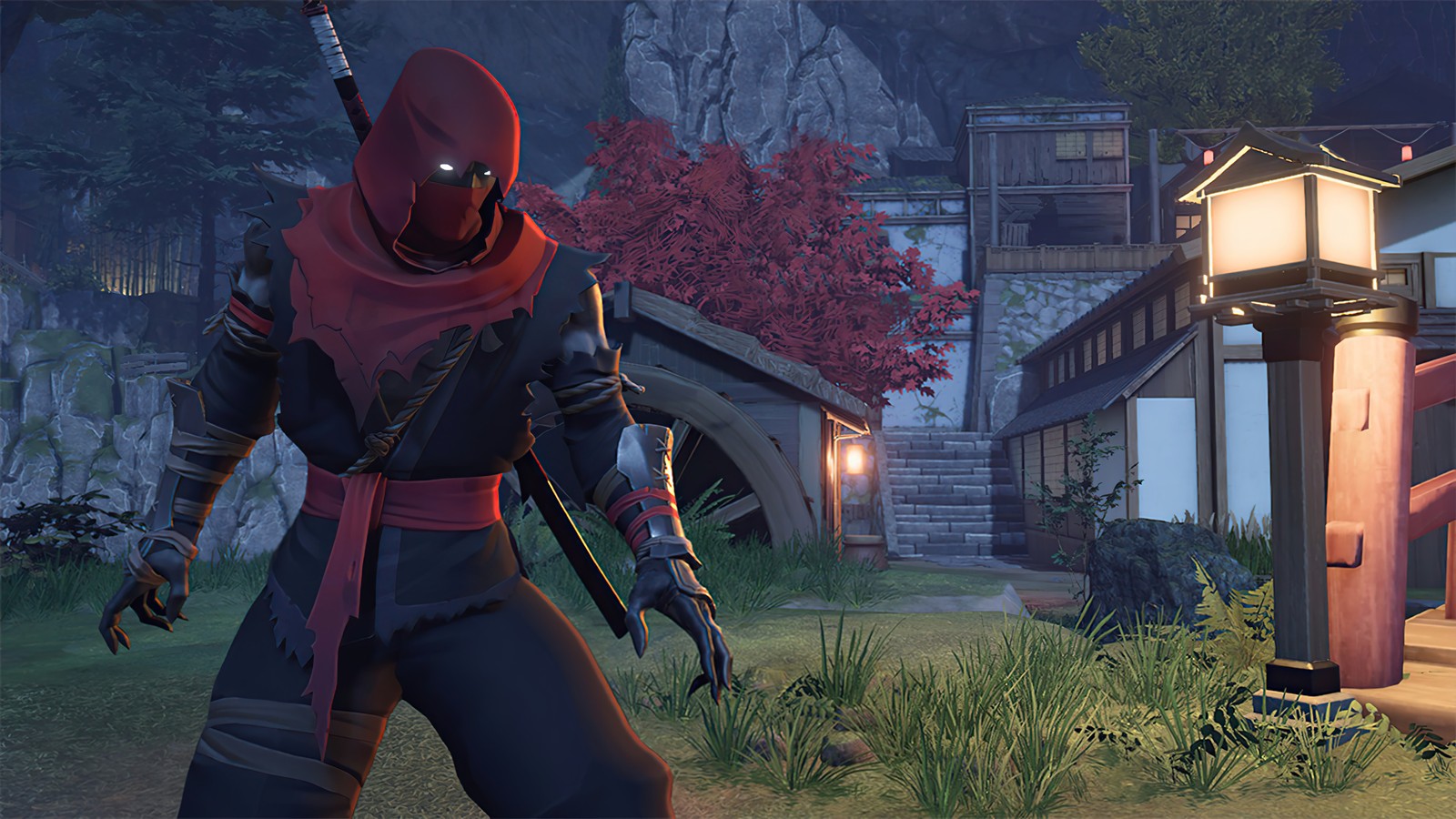 A close up of a person in a red outfit holding a sword (aragami 2, video game, assassin)