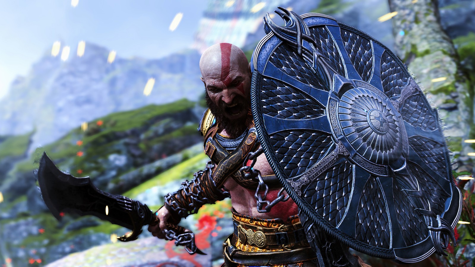 Скачать обои kratos, бог войны рагнарёк, god of war ragnarok, видеоигра, лезвие