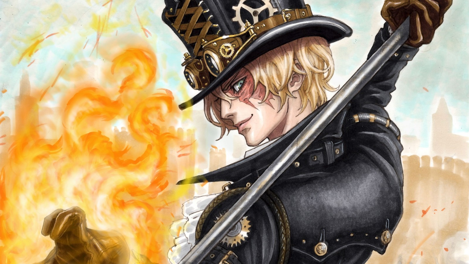 Anime character with a top hat and a sword in front of a fire (sabo, one piece, anime)