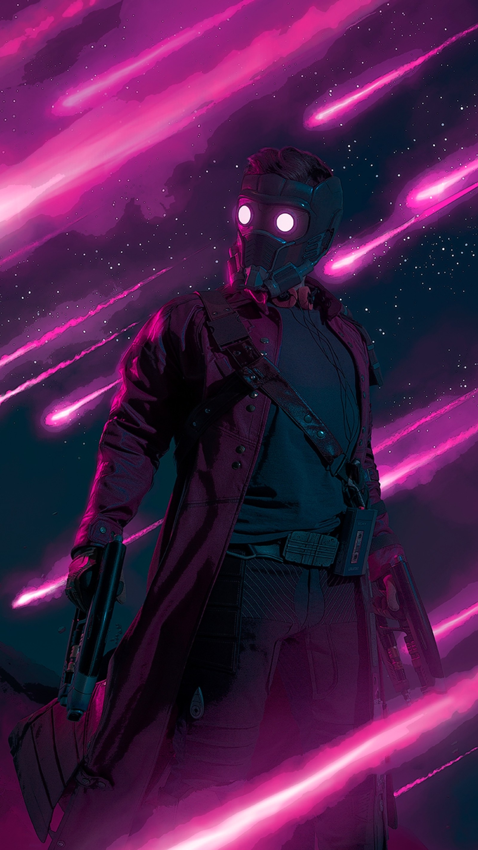 A close up of a person with a gun in a space (star lord, superhero, purple, light, black)