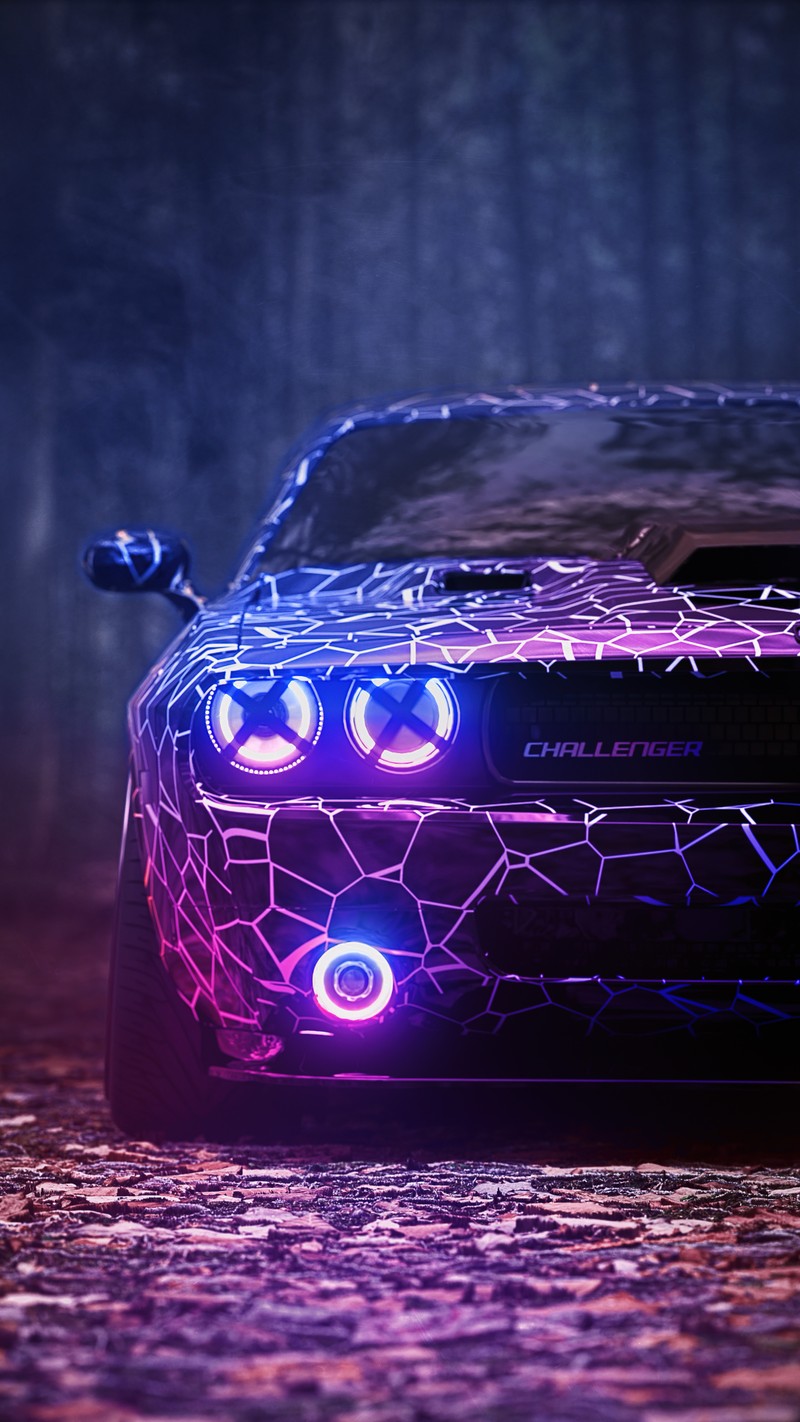 Крупный план автомобиля с неоновыми фарами (додж челленджер, dodge challenger, додж, dodge, машины)