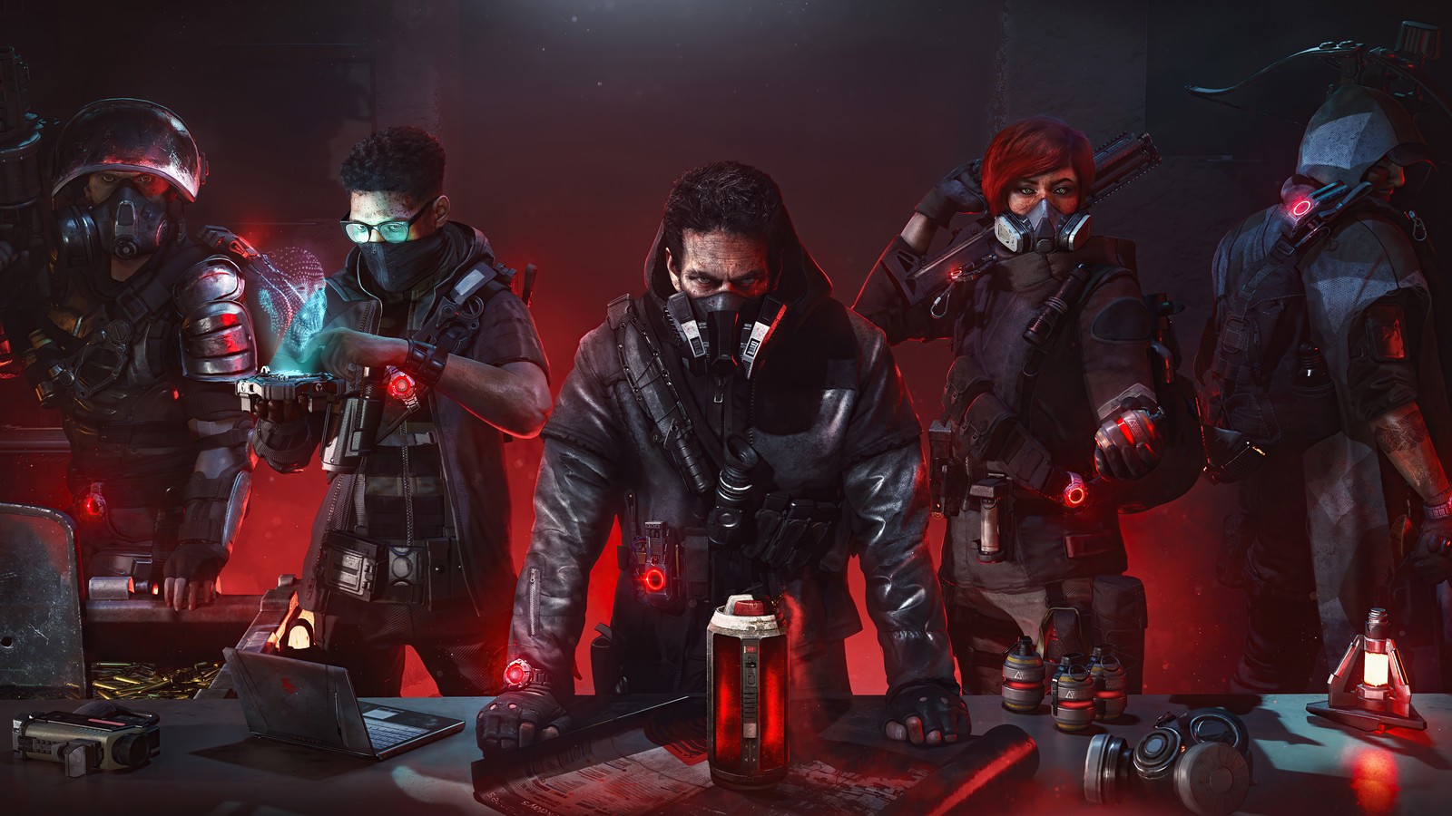 A group of people in gas masks standing around a table (tom clancys, the division 2, warlords of new york, video game, rogue agents)