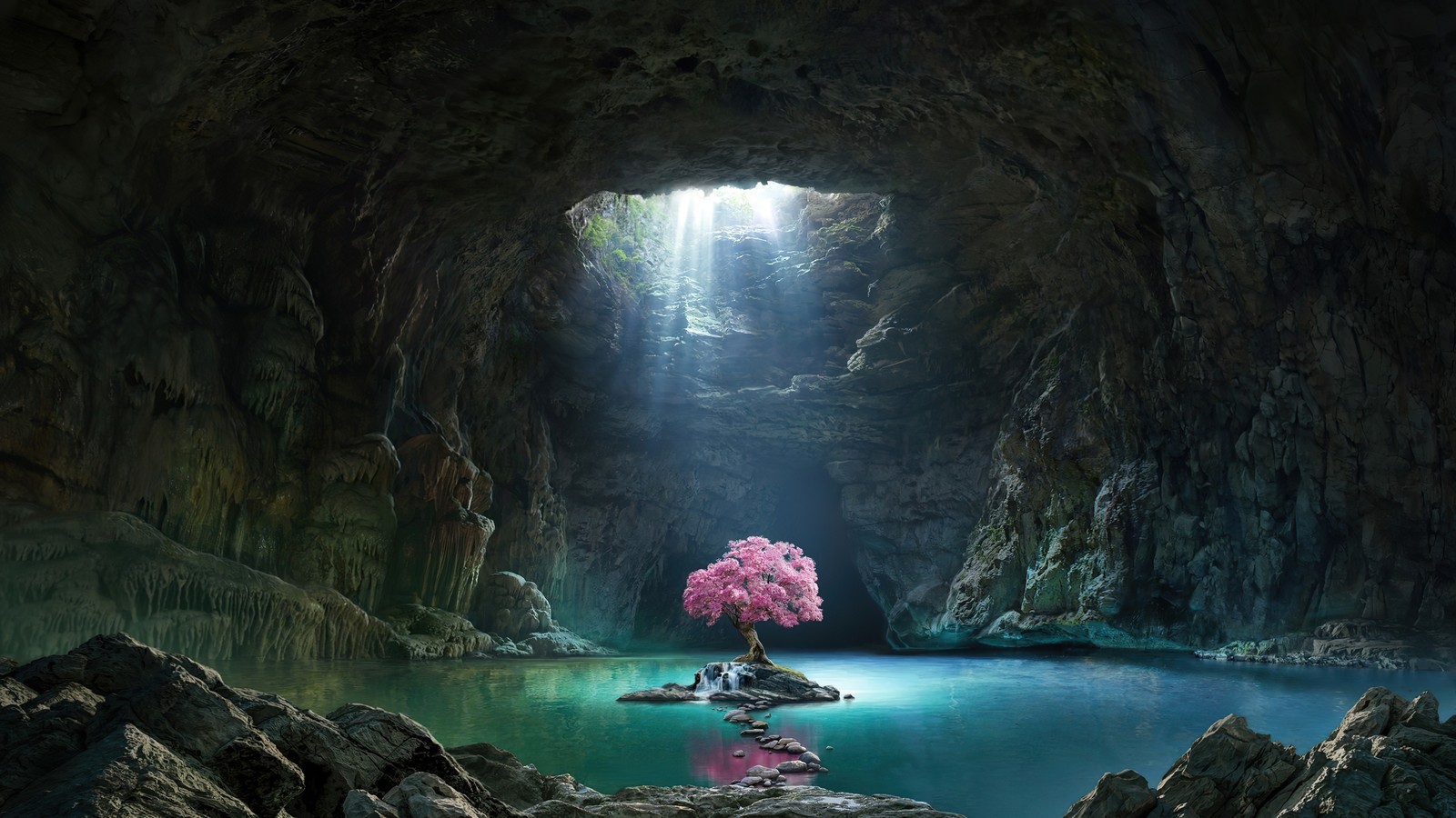 Un arbre dans une grotte avec un lac et une cascade (beau, fleur de cerisier, grotte, lac, paysage)