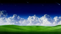 Starry Summer Landscape with Shooting Stars Over Lush Green Hills