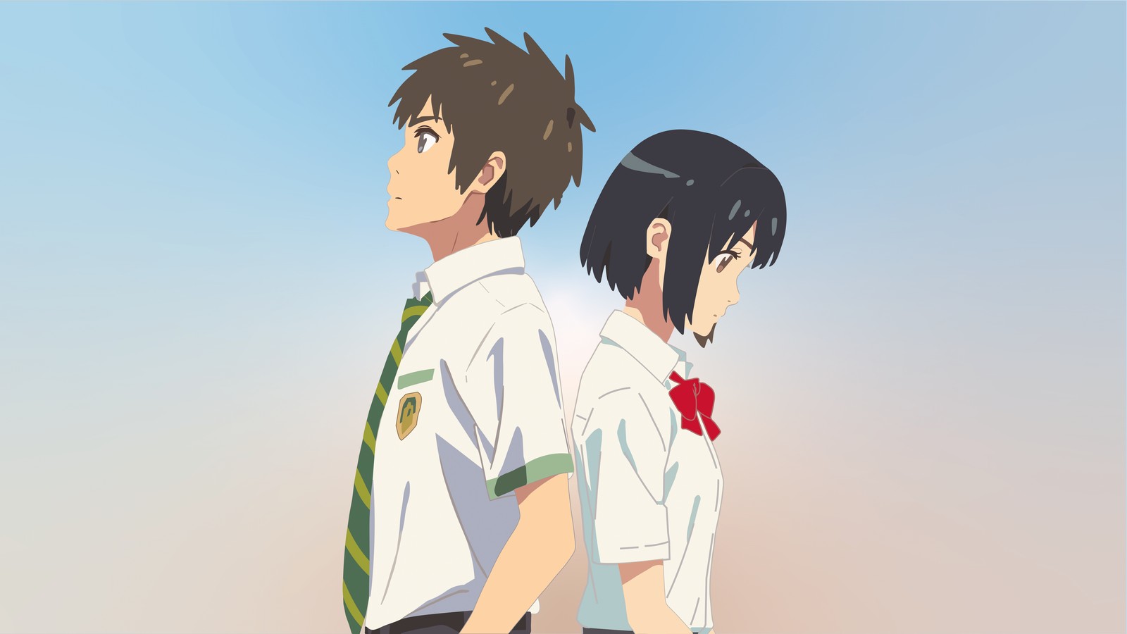 Personajes de anime en uniformes escolares de pie uno al lado del otro (your name, minimalista, mitsuha miyamizu, taki tachibana, tu nombre)