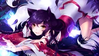 Ahri de League of Legends : Sorcière énigmatique dans une pose envoûtante