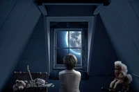 look through the window, full moon, attic, roof, boy wallpaper