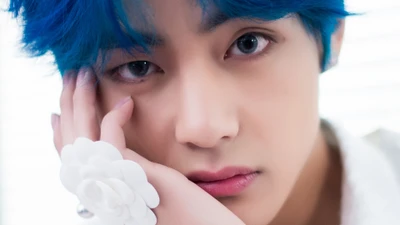 Kim Tae-hyung com cabelo azul marcante, exibindo uma expressão contemplativa, adornado com um acessório floral.