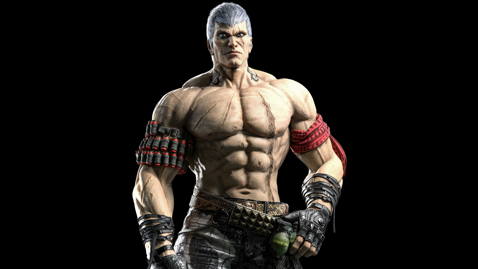 Un hombre con un cuerpo musculoso y un par de guantes (bryan fury, tekken 8, fondo negro, amoled, 5k)