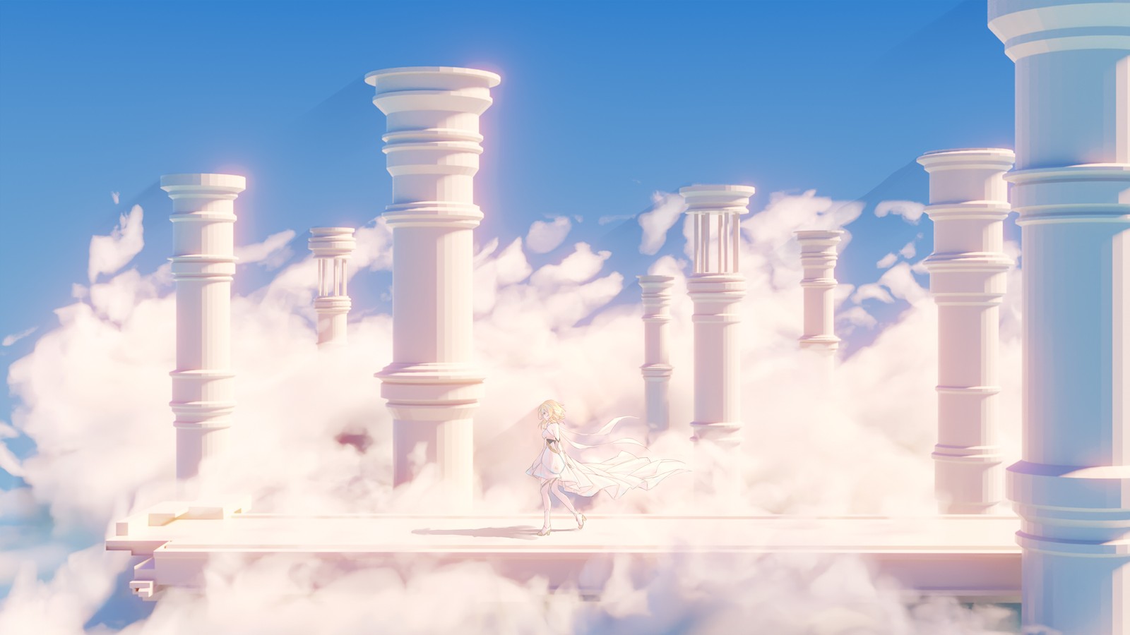 Hay un ángel blanco sentado en un saliente en las nubes (genshin impact, lumine, 5k, 8k, anime)