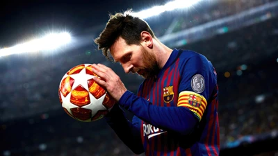 Lionel Messi in a moment of reflection, holding a Champions League ball, showcasing his dedication to football.