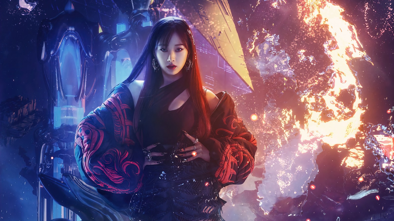 Une femme en robe noire se tenant devant un feu (aespa, 에스파, kpop, k pop, groupe de filles coréen)