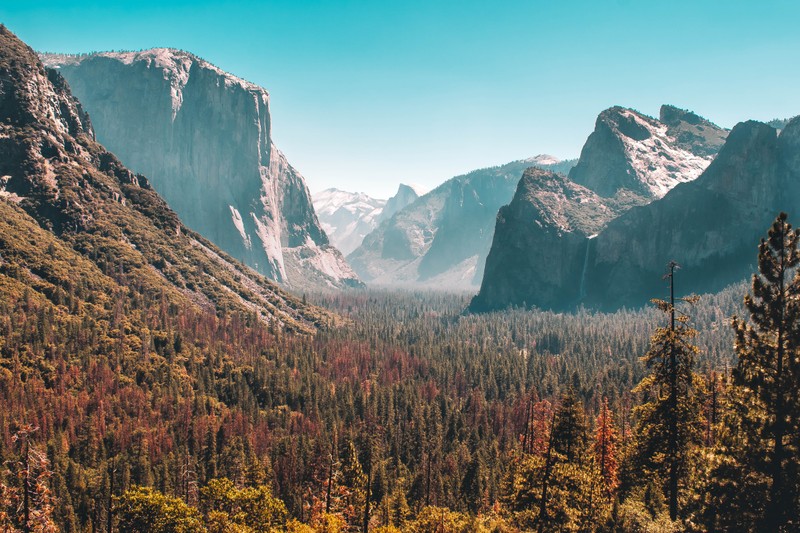 Вид на долину с вершины горы (водопад йосемити, yosemite falls, полукруглый купол, национальный парк, национальный парк долина смерти)