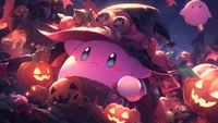 Kirby en un país de Halloween con calabazas iluminadas