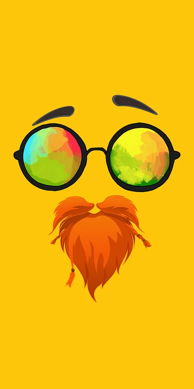 Emoji vibrante con gafas de sol coloridas y barba naranja sobre fondo amarillo