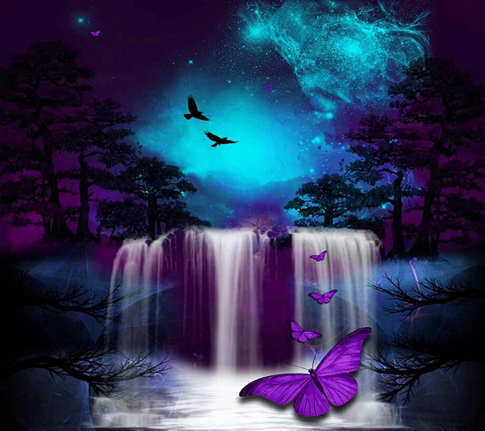 Purple butterflies flying over a waterfall in the night sky (butterfly, falls, nature)