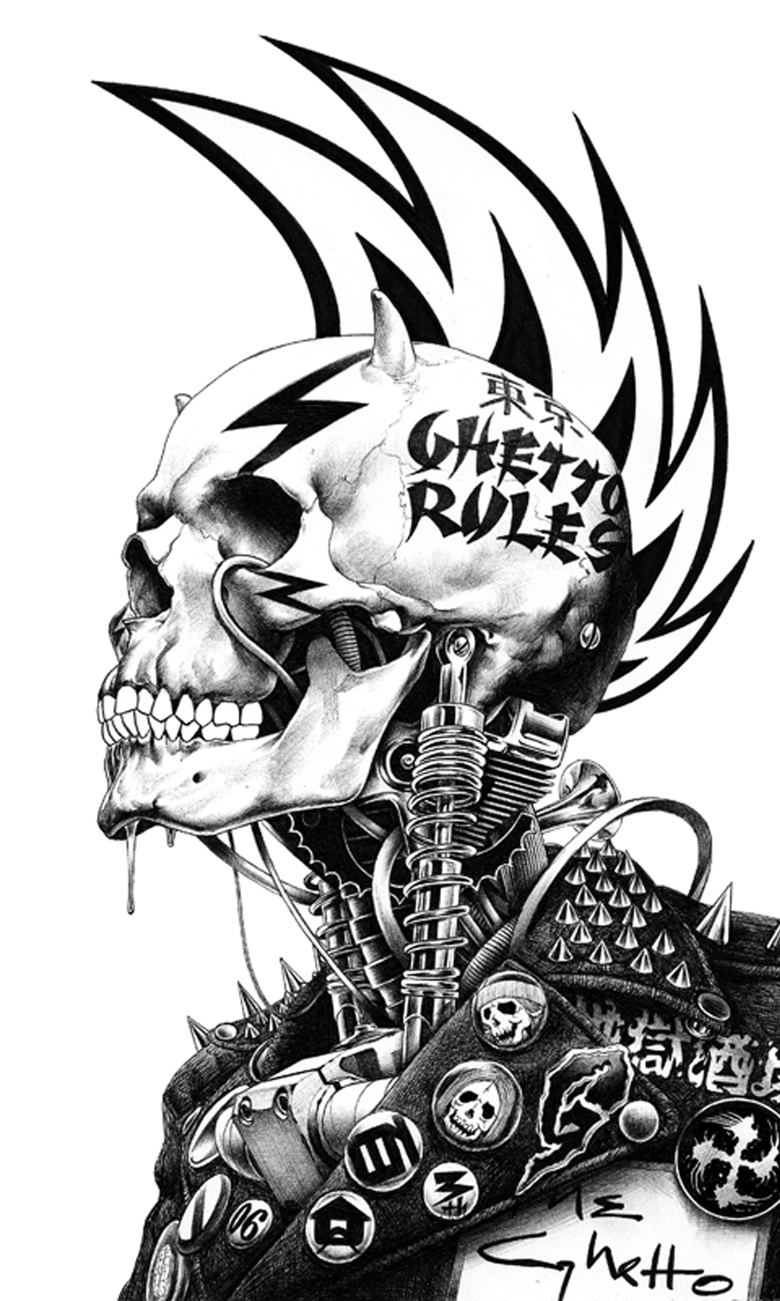 A drawing of a skull with a motorcycle helmet on it (anime, black, black and white, ghetto, rules)