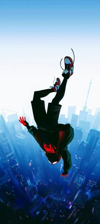 Spider-Man Miles Morales inspirado en anime en caída libre sobre un paisaje urbano