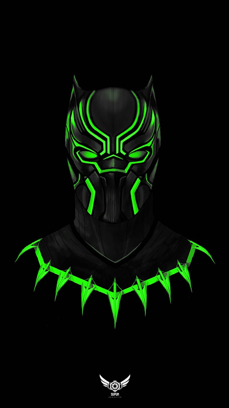 A close up of a person wearing a black and green mask (green, supungraphics)