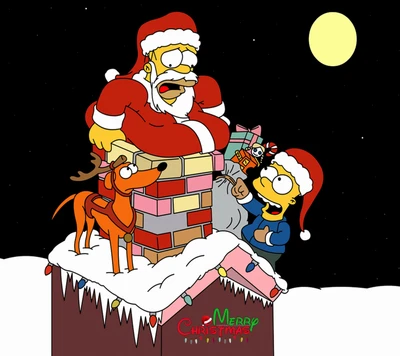 Santa's Mishap: Homer Simpson Stuck in the Chimney with Bart and a Reindeer