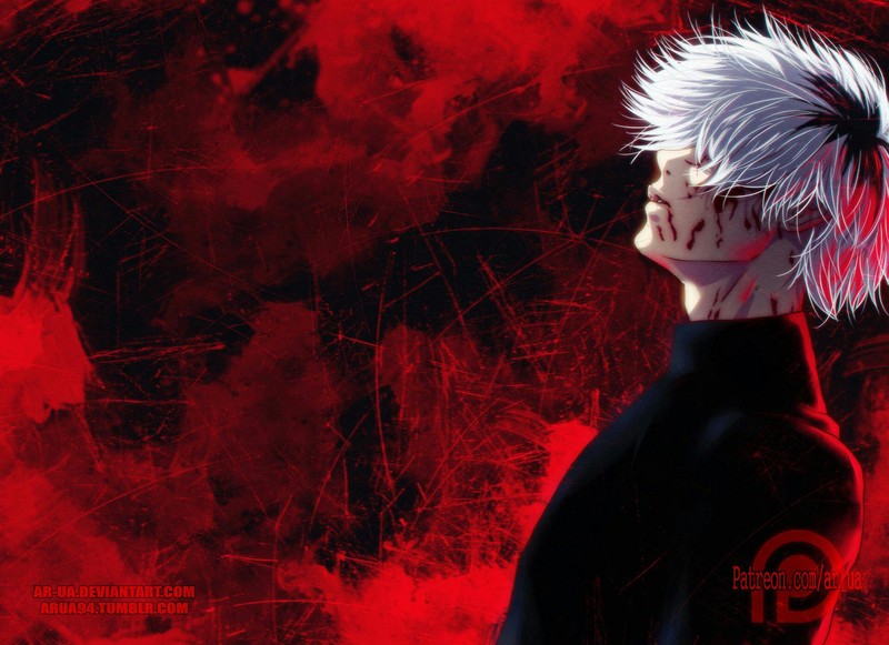 Мужчина с белыми и красными волосами на красном фоне (токийский гуль, tokyo ghoul, zorooo772)