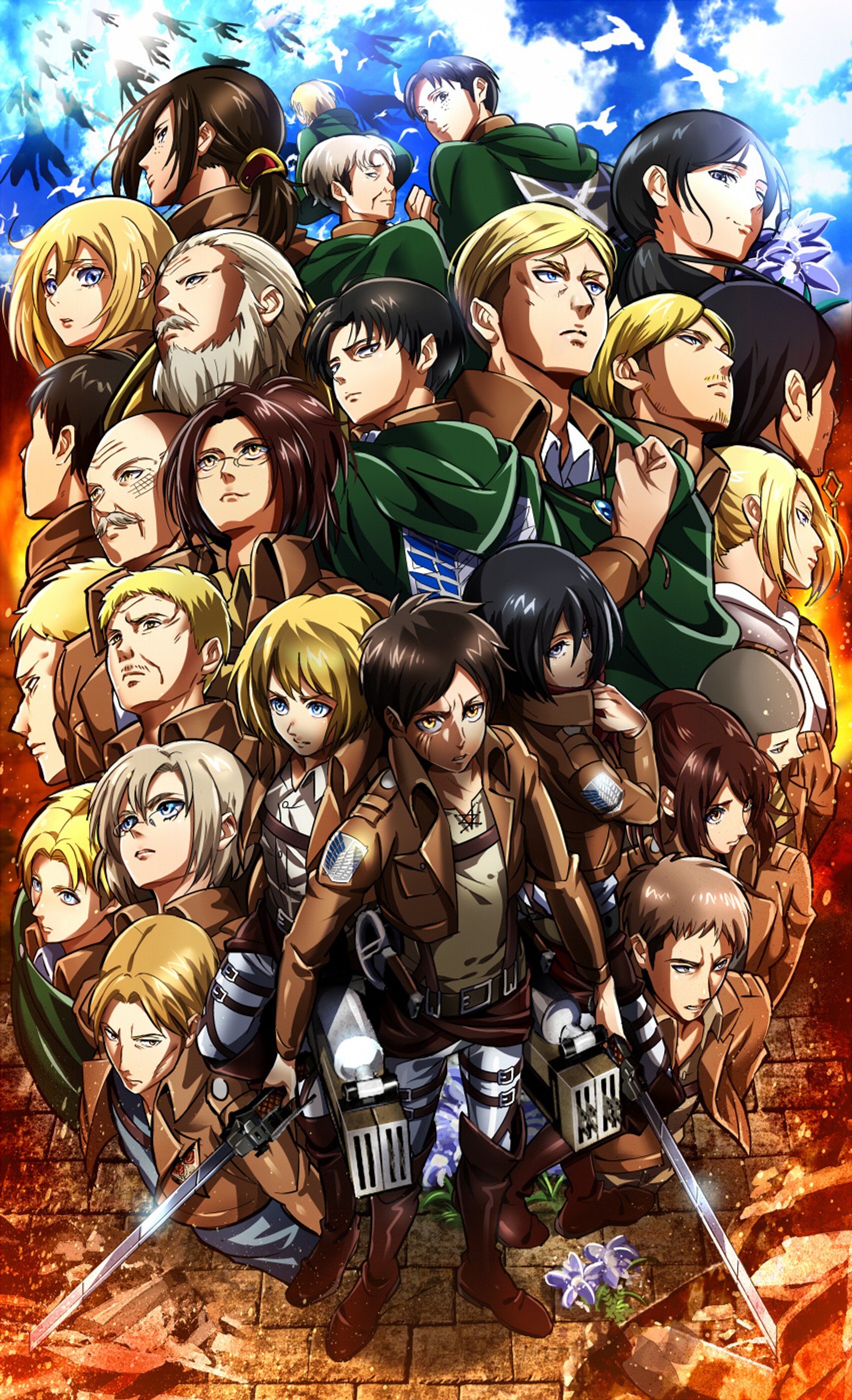 Un groupe de personnages d'anime se tenant devant un feu (anime, attaque, eren, hd, kyojin)