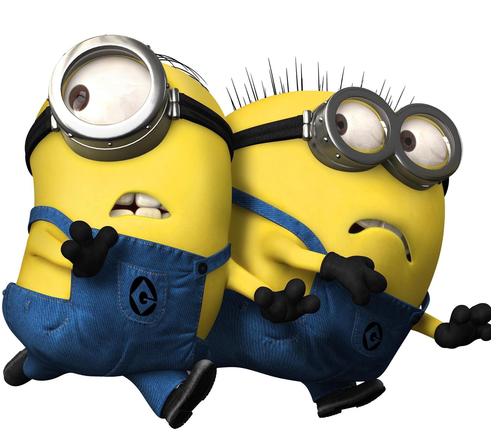 Two minions are standing next to each other with their eyes closed (despicable me 2, minions)