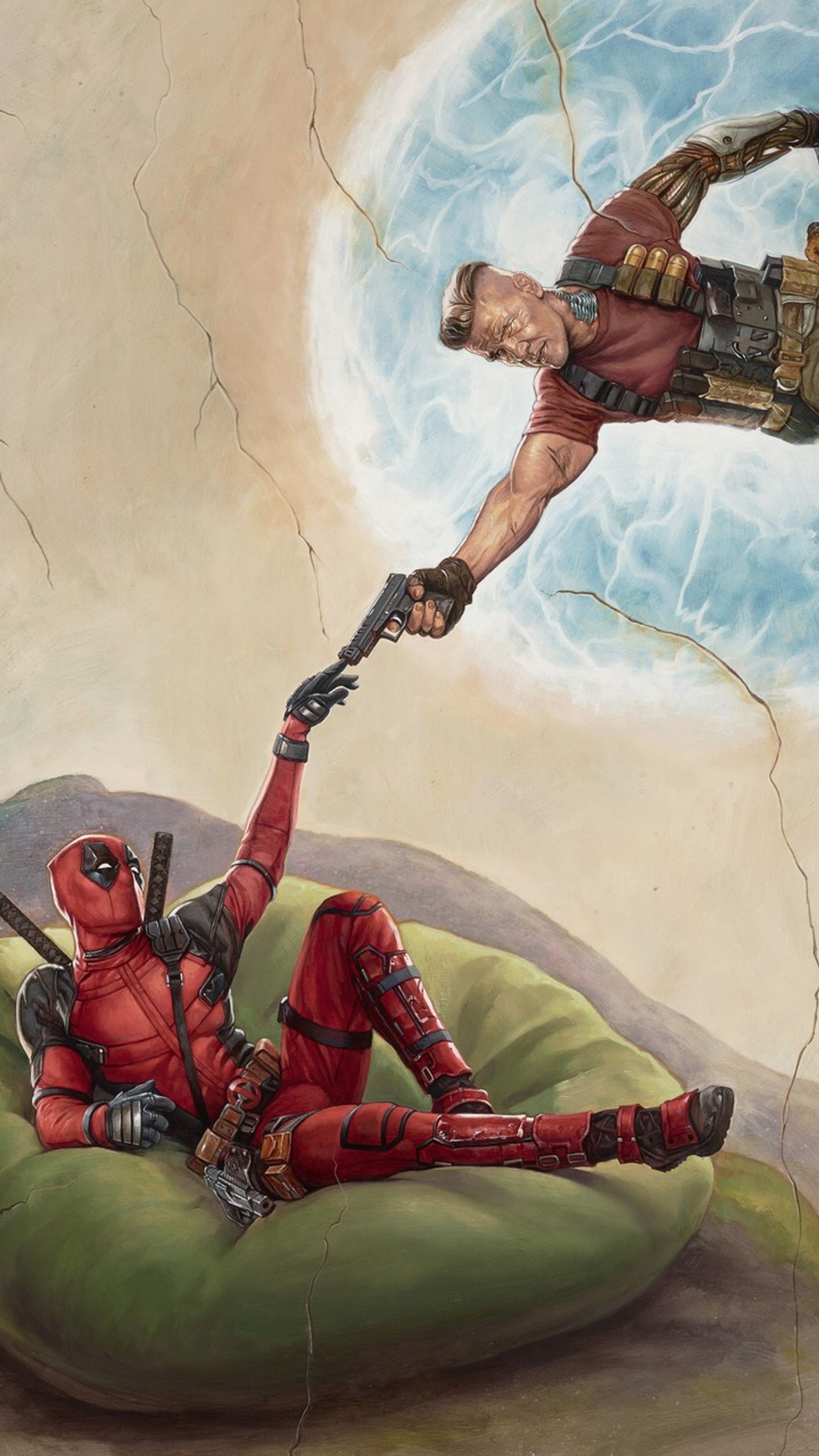 Deadpool et cable se battent pour un énorme coussin (extraterrestre, deadpool2, diablo, halo, tremblement de terre)