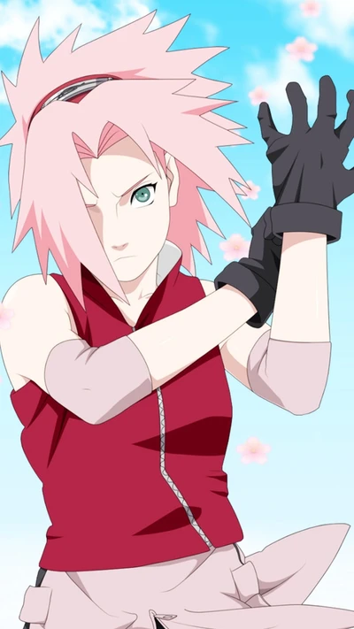 Sakura Haruno en una pose dinámica rodeada de flores de cerezo.