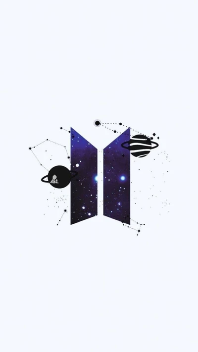 Logotipo do BTS inspirado na galáxia com elementos cósmicos