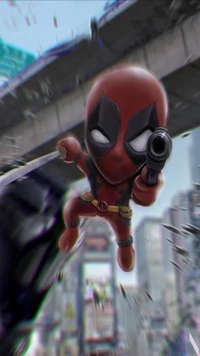 Mini Deadpool in Action: Humorous Jump with Gun