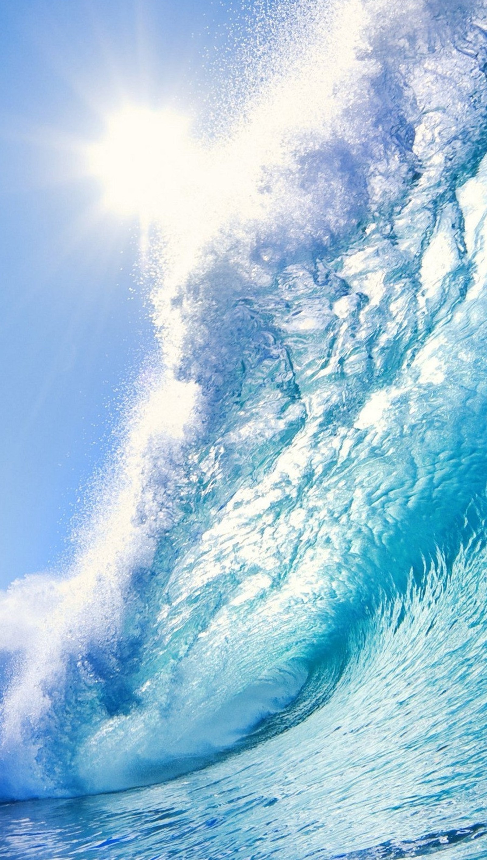 Surfer riding a wave in the ocean with sun shining through the water (ocean, sea, water, wave)