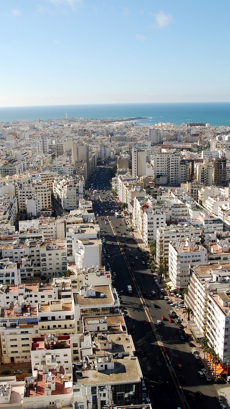 Воздушный вид города с множеством зданий и пляжем (касабланка, casablanca, город, марокко, morocco)