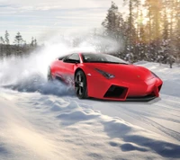 Red Sports Car Racing Through Snowy Landscape