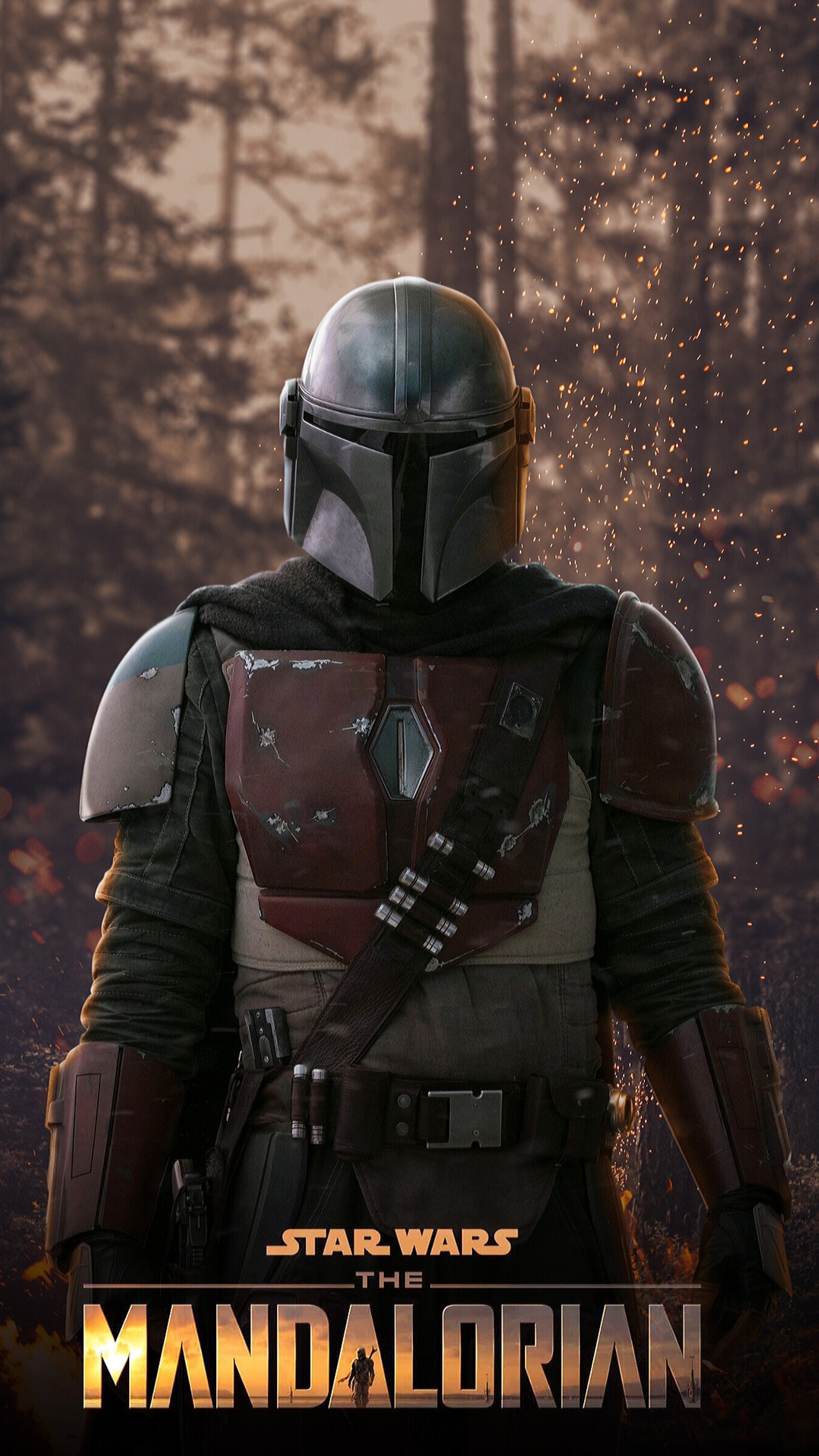 A close up of a man in a helmet and armor standing in a forest (hd, knight, mandalorian, movie, soldier)