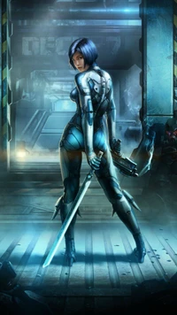 Guerrier Futuriste en Latex Bleu Électrique : Une Aventure d'Action Cyberpunk