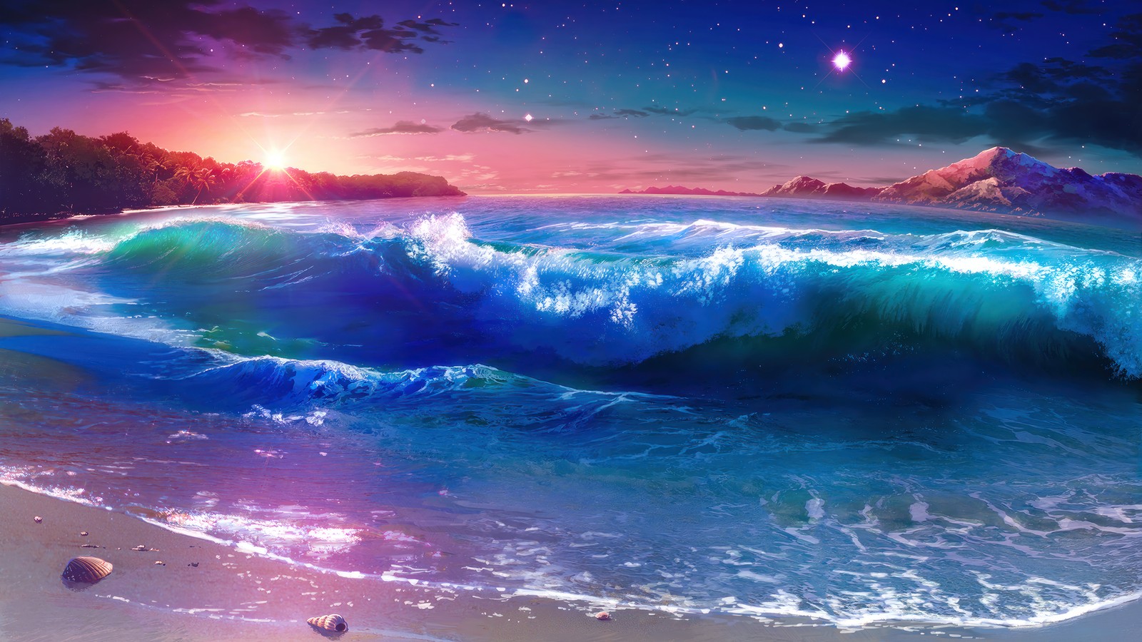 Una pintura de una playa con olas y una estrella en el cielo (playa, atardecer, océano, olas, escenario)