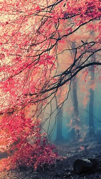 Vibrant Red and Pink Leaves Against a Misty Forest Background