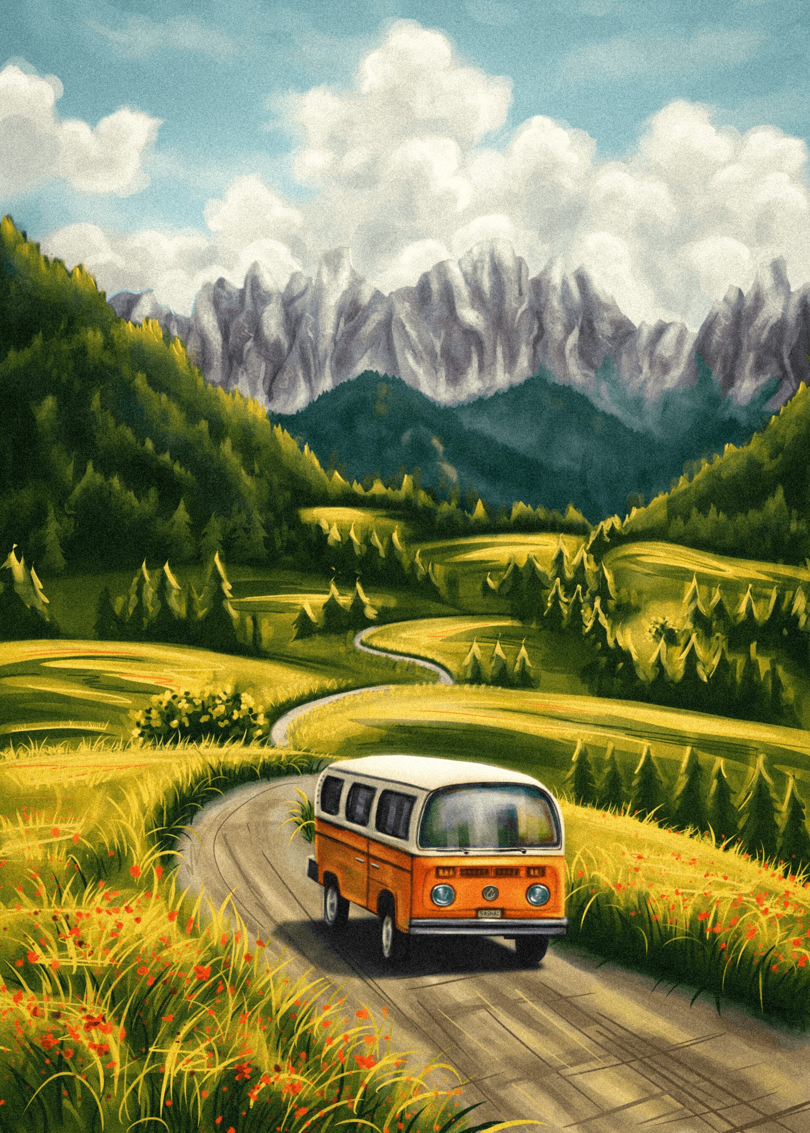 Painting of a van driving down a road with mountains in the background (telephone, smartphone, cloud, plant, mountain)