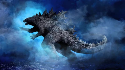 Godzilla émerge : Un titan majestueux dans une esthétique bleue