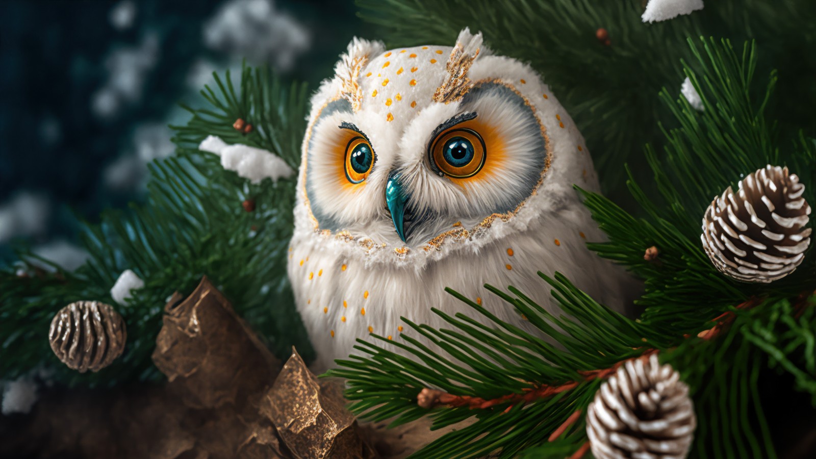 There is a white owl with yellow eyes sitting on a branch (white, owl, birds, animals, bird)