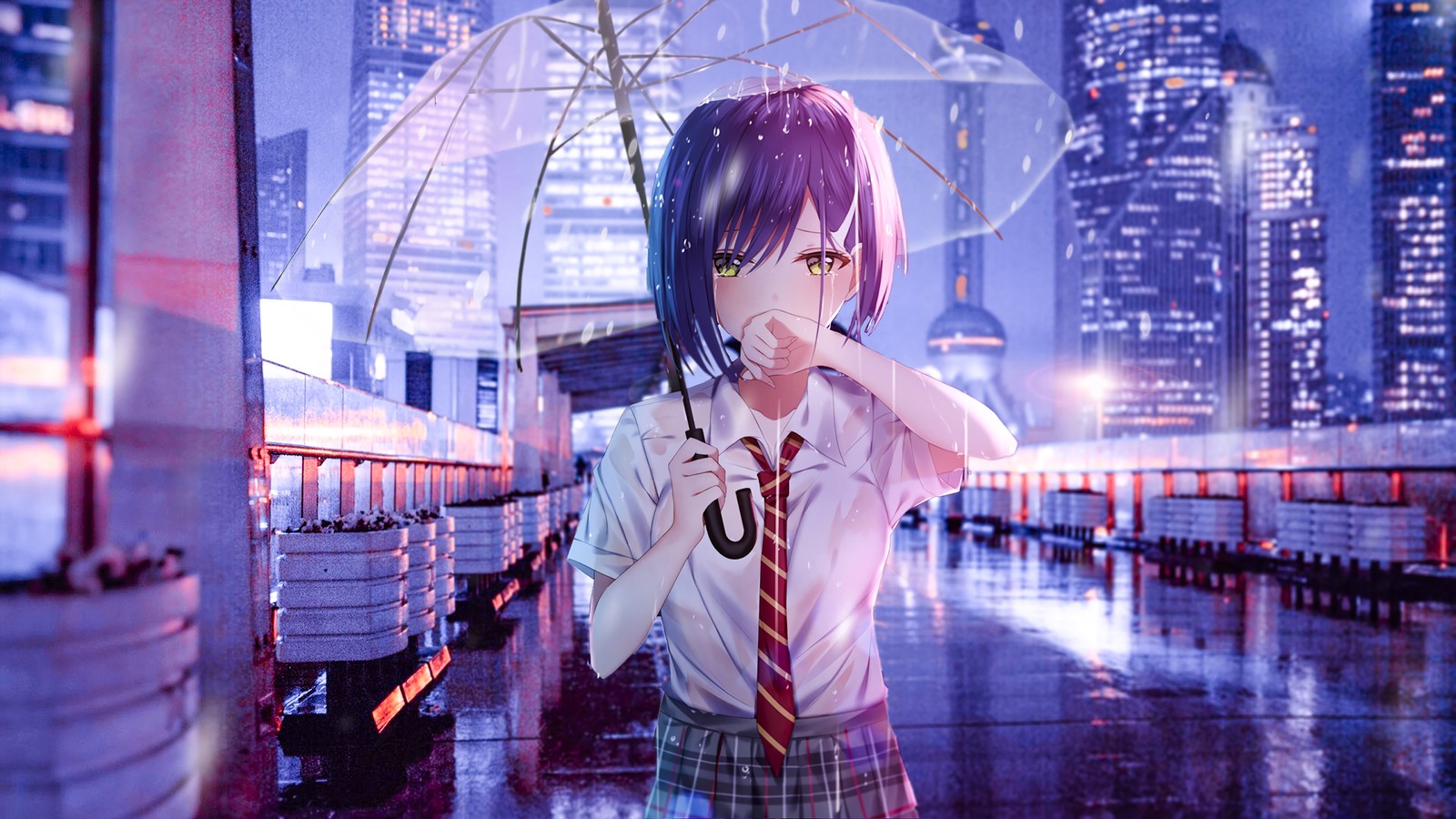 Anime-mädchen mit einem regenschirm in der stadt bei nacht (anime, schulmädchen, weinen, regen, darling in the franxx)