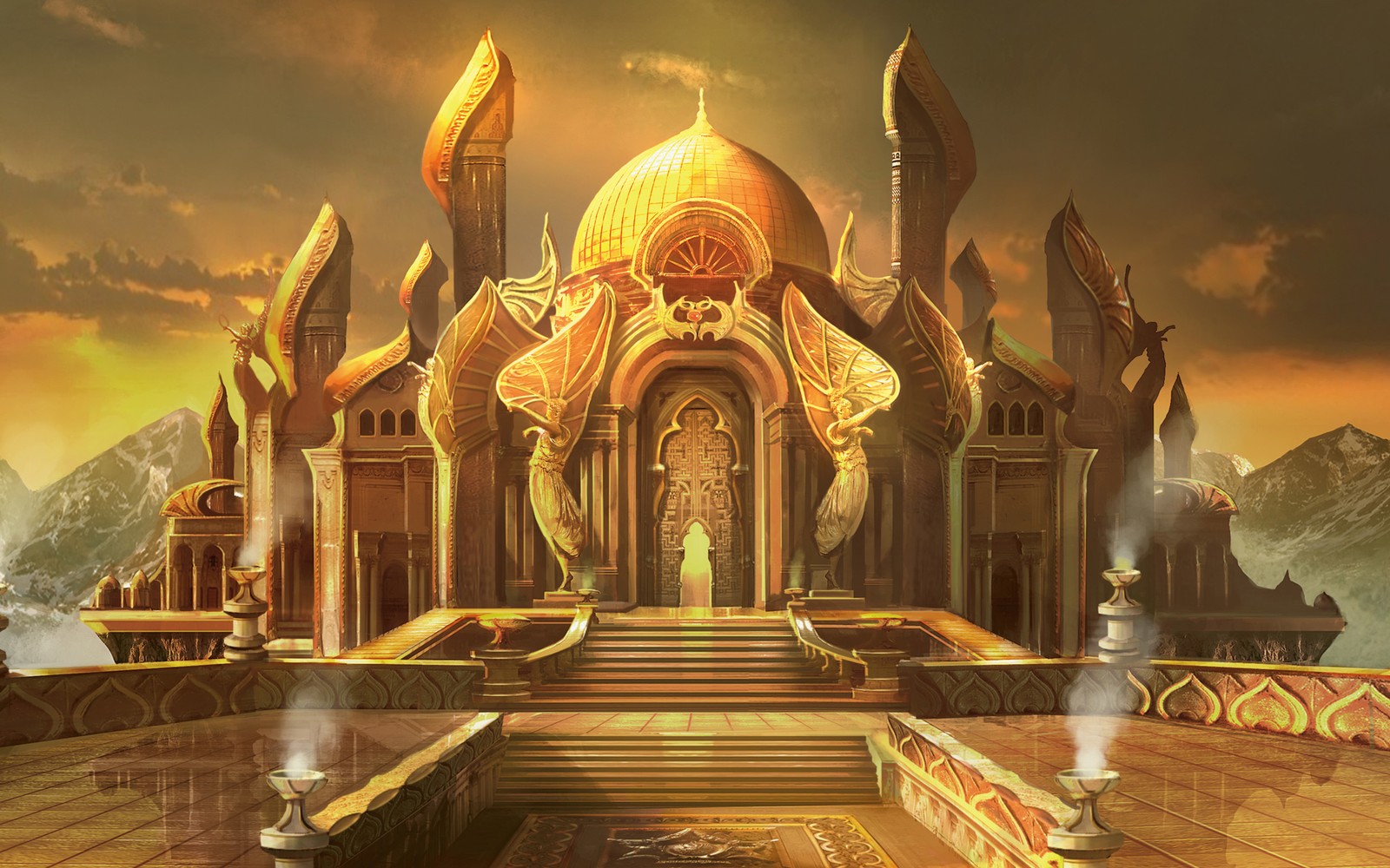 A large building with a fountain and a fountain in front of it (magic the gathering, pc game, place of worship, games, mythology)