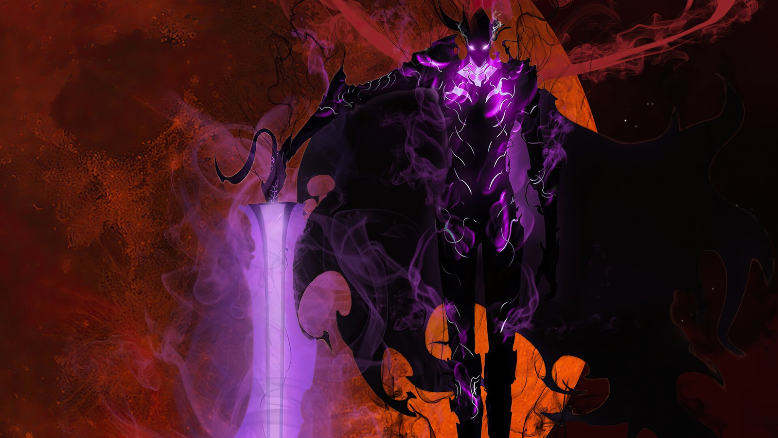 Purple and black dragon with a sword and a flame (solo leveling, manhwa, anime, igris)