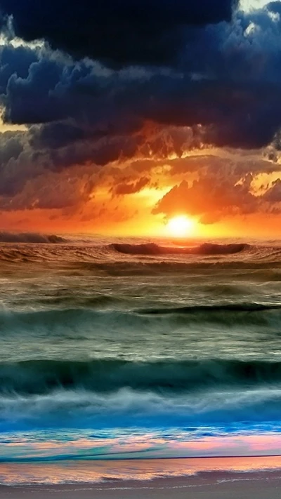 Vibrant Sunset Over Ocean Waves