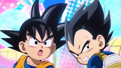 Goku e Vegeta em Dragon Ball Daima: Um confronto feroz.