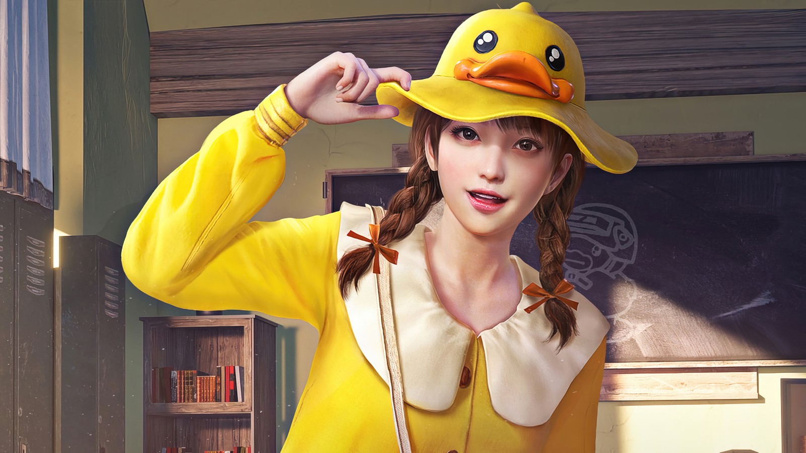 Há uma mulher em um vestido amarelo e um chapéu de pato amarelo (pubg mobile, playerunknowns battlegrounds, jogo de vídeo, bduck, conjunto)