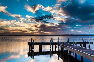 muelle, amanecer, agua, reflexión, nube