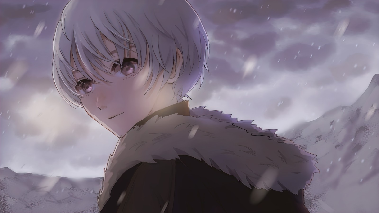 Garoto anime com cabelo branco e um casaco preto na neve (para a sua eternidade, anime, 不滅のあなたへ, fumetsu no anata e, fushi)