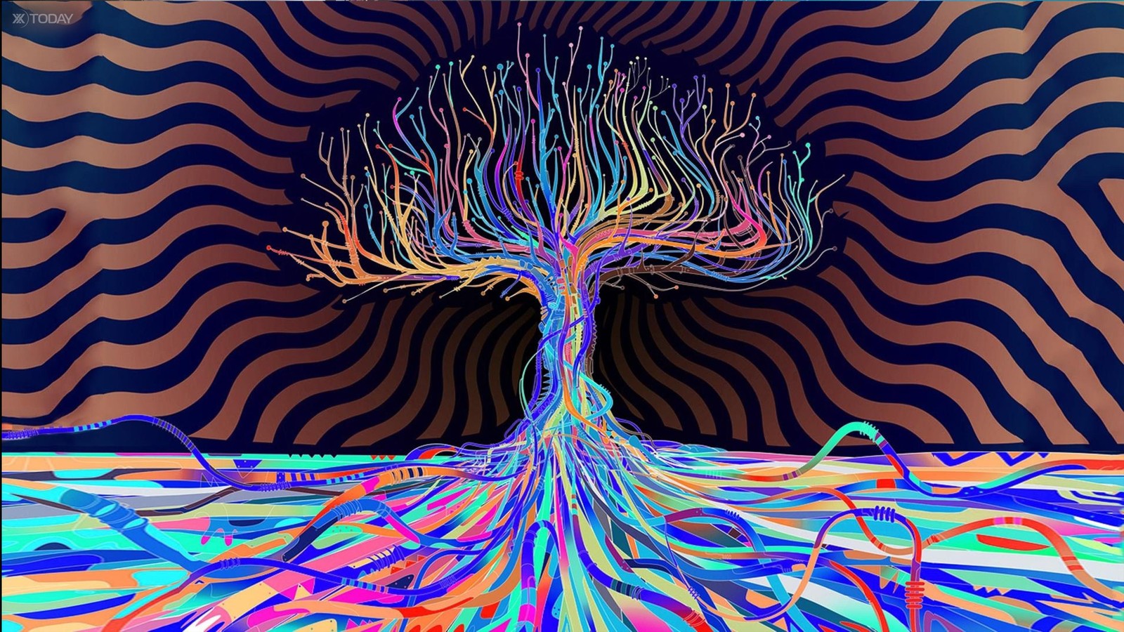 A painting of a tree with a colorful swirly background (psychedelic art, pattern, art, symmetry, electric blue)